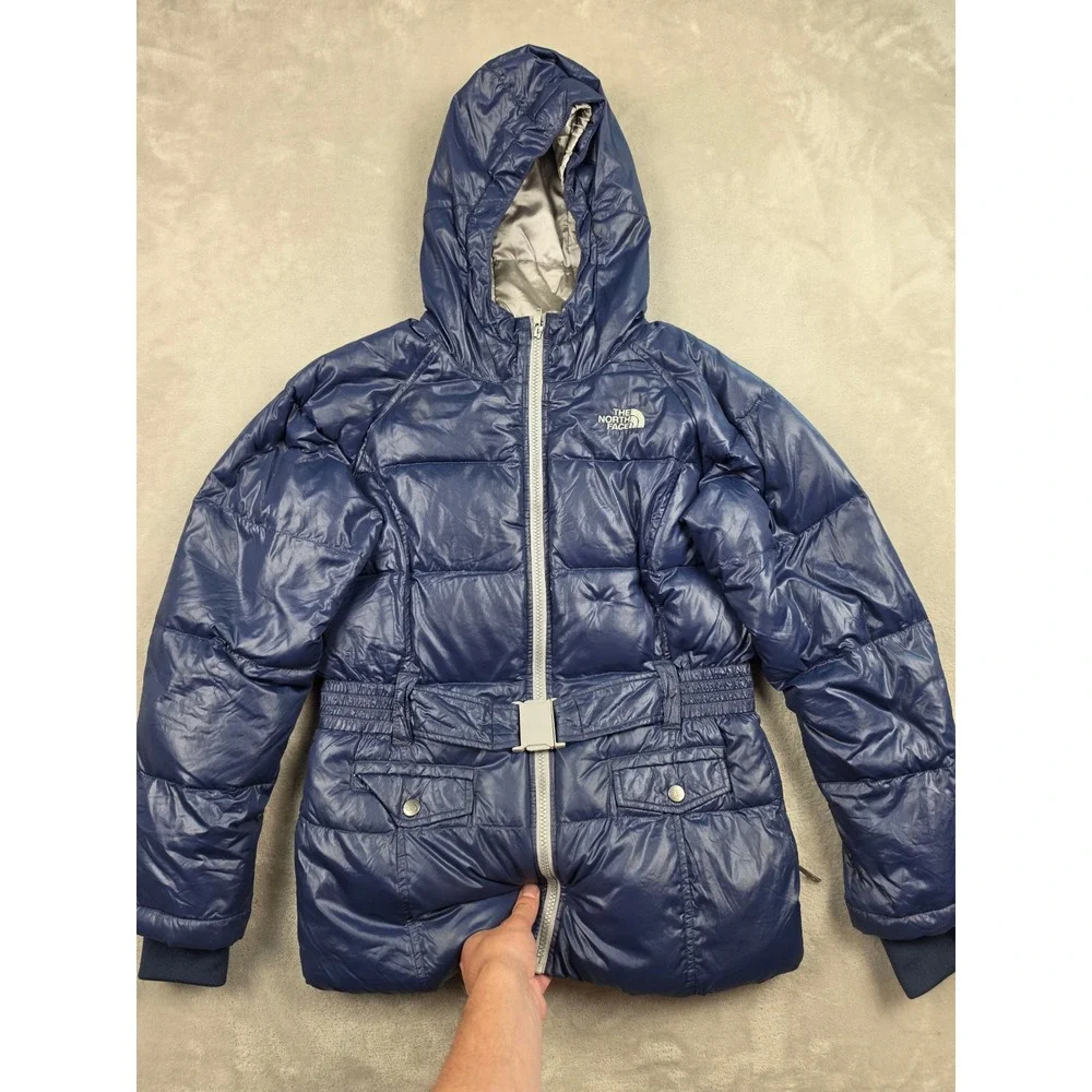 The North Face Puffer Jacket Girls‎ L 14/16 Blue Belted Goose Down 550 Hooded